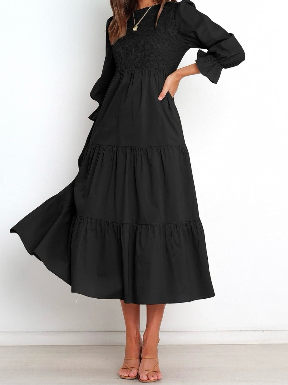 Women's Black Tiered Maxi Dress with Smocked Bodice